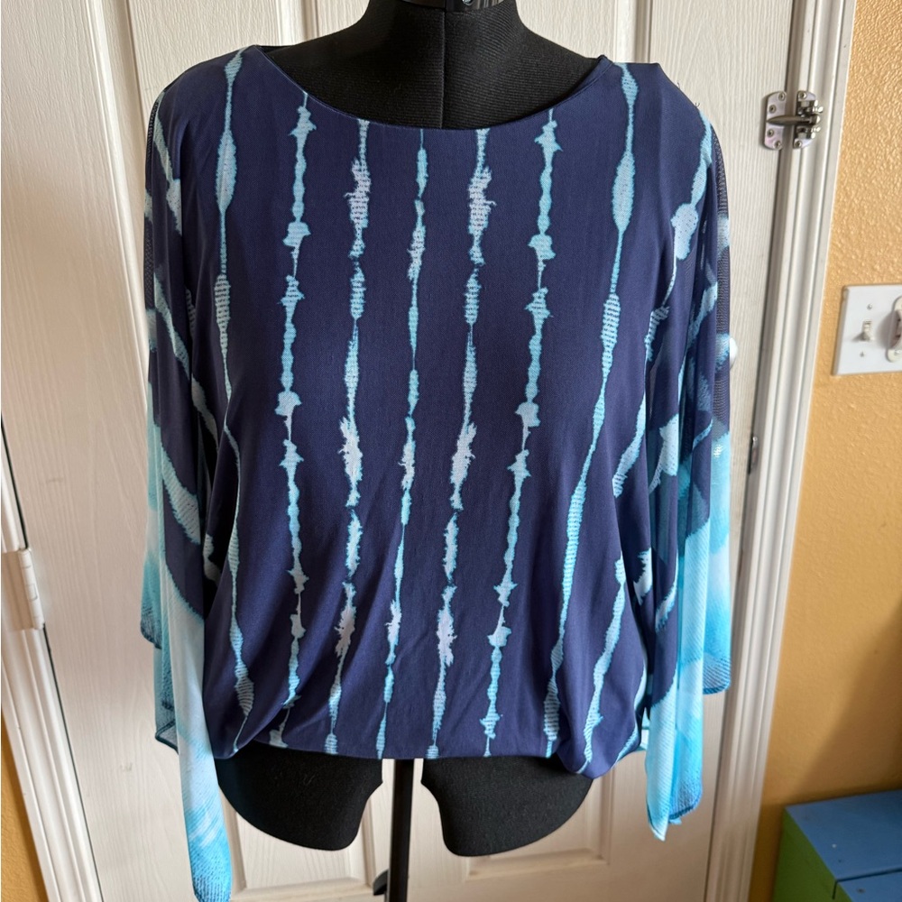 JM Collection Navy and Aqua Striped Blouse